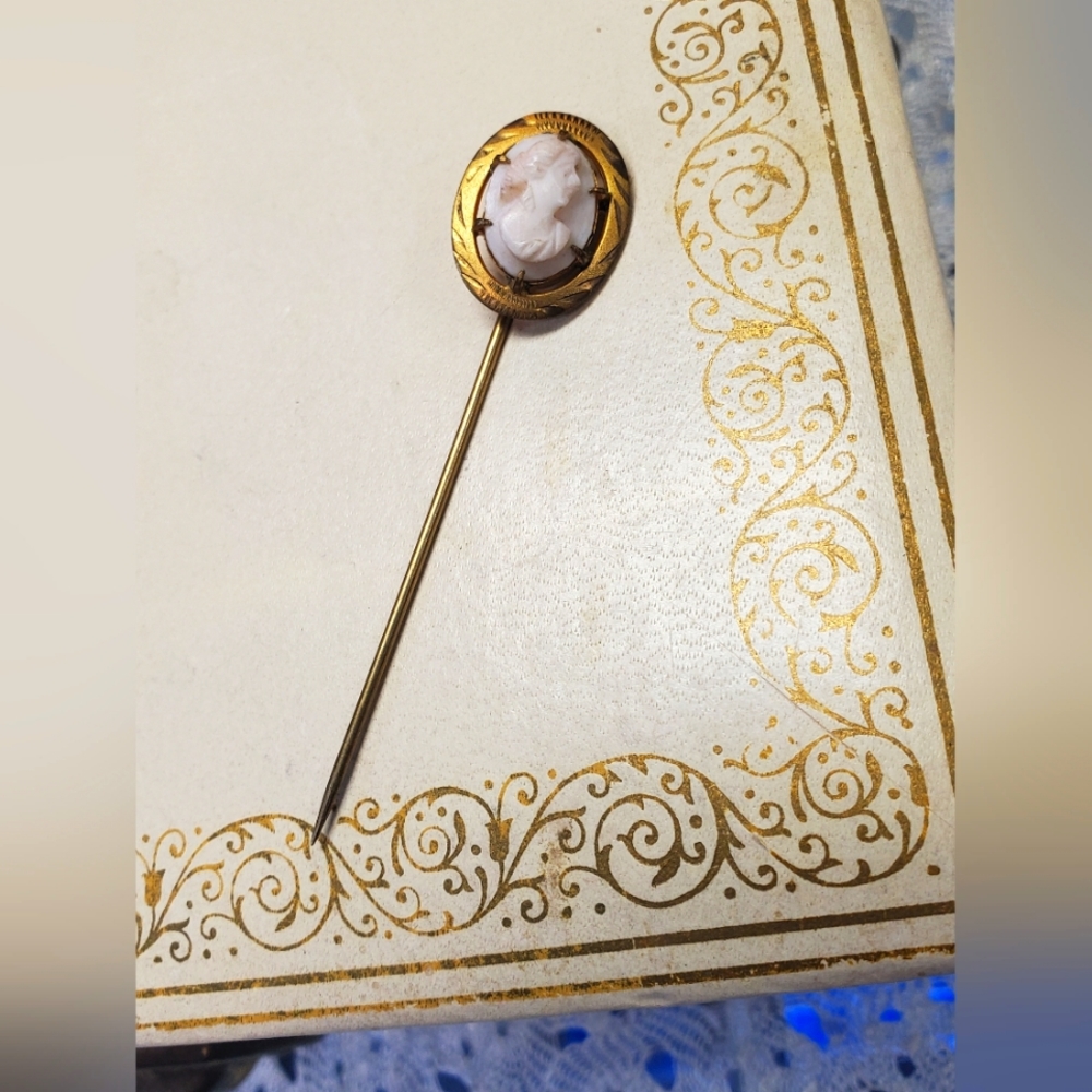 Vintage Angel Skin Coral CAMEO Hat Stick Pin Gold Paste Antique Brooch